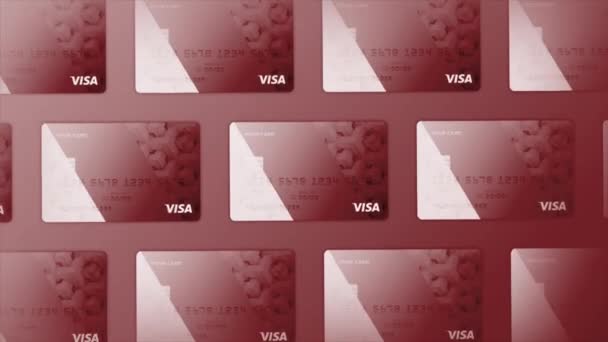 Symbole kart kredytowych unoszące się w wielu rzędach. - Wniosek. Czerwony piękny design nowoczesnych kart kredytowych, koncepcja zakupów online. - Materiał filmowy, wideo