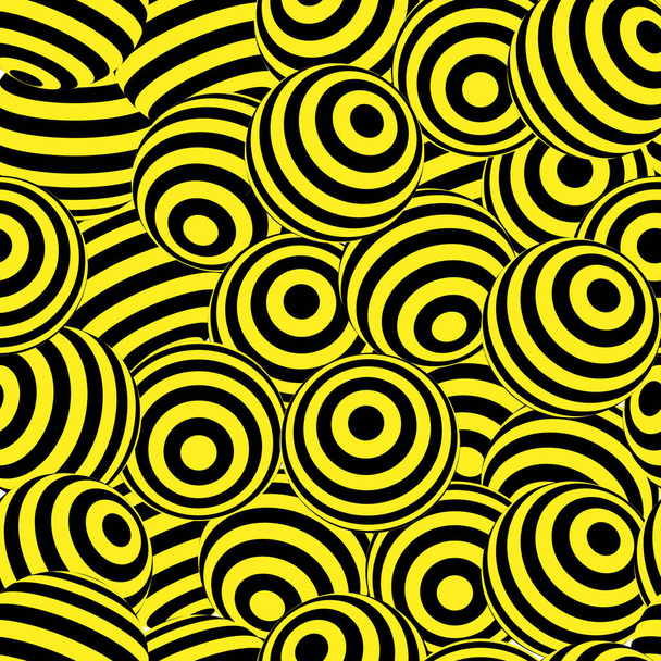 абстрактный бесшовный узор, 3d шарики в черно-желтой полосе в различных проекциях, фон для текстиля, бумаги, обои - Вектор,изображение
