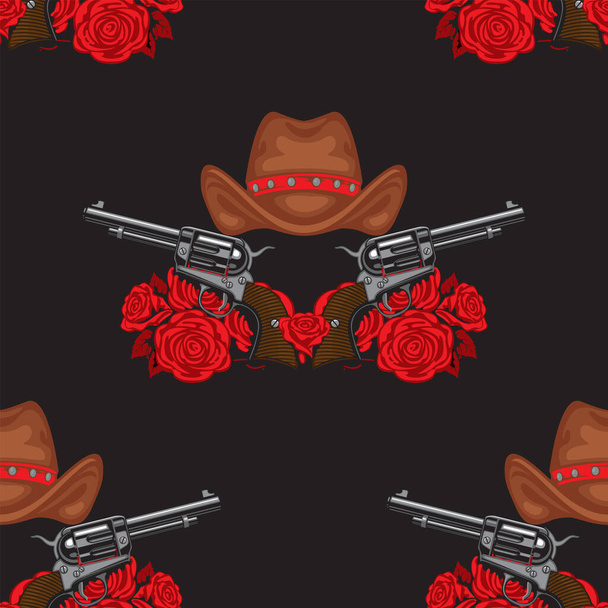 Vector seamless pattern with old pistols, brown cowboy hats and red roses on a black backdrop. Repeating graphic print for clothes in youth style, wallpaper, wrapping paper or fabric design - Wektor, obraz