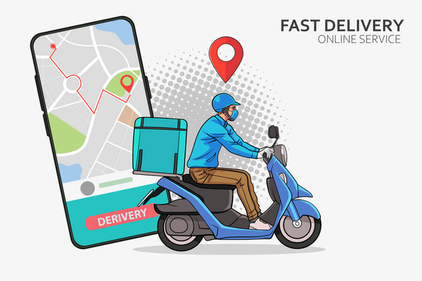 faast delivery service by scooter with courier Entrega rápida hombre con motocicletas Pop Art Comic Style - Vector, imagen
