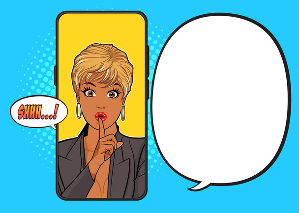 surprise black woman with finger on lips shhh in smartphone  Pop Art Comic Style - Vector, Image