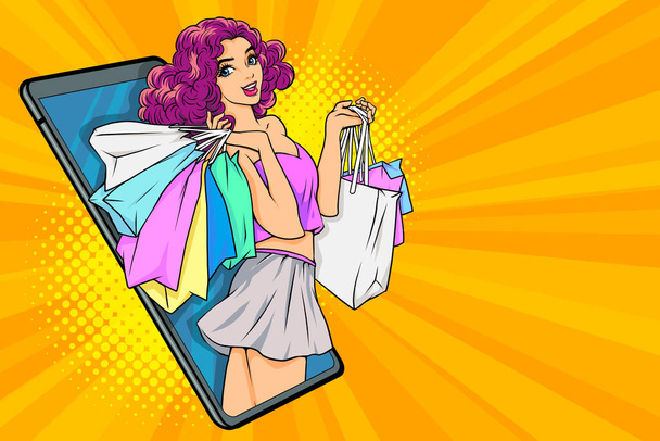 woman holding shopping bags online store concept Pop Art Comic Style - Vector, Image