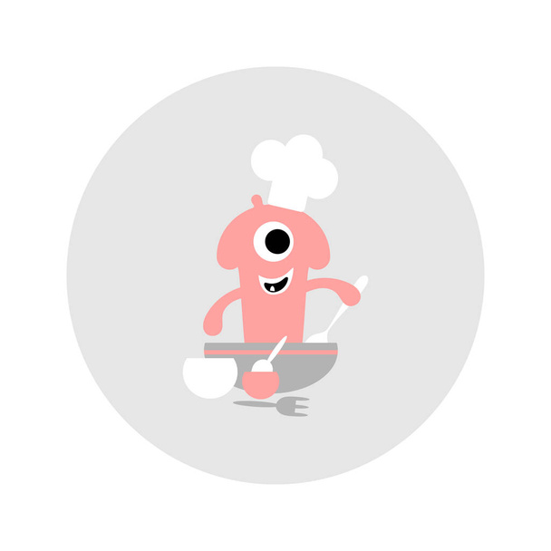 Příbory, nádobí, roztomilý šéfkuchař monster. Vektorová ilustrace pro dětské menu, logo. - Vektor, obrázek