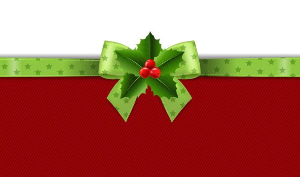 Christmas Green Ribbon With Holly Berry White background - Vecteur, image