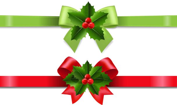 Christmas Ribbon With Holly Berry Set White background - Vector, Imagen