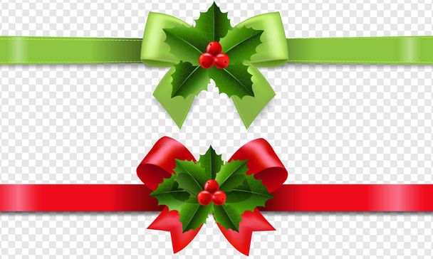 Christmas Ribbon With Holly Berry Set Transparent background - Διάνυσμα, εικόνα