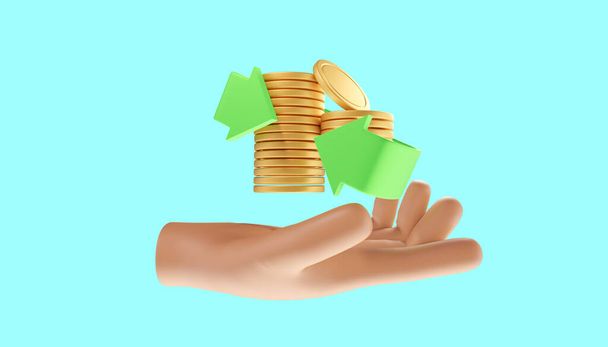 Hand holding coin stack. Cashback and money refund icon concept. 3d illustration - Photo, Image
