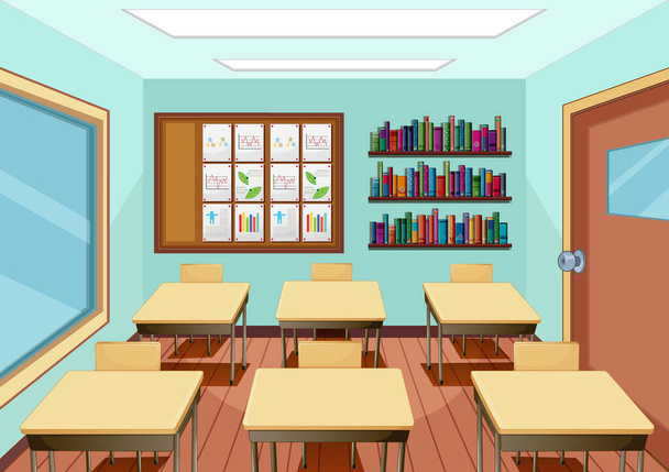 Design de interiores em sala de aula com mobiliário e decoração ilustração - Vetor, Imagem