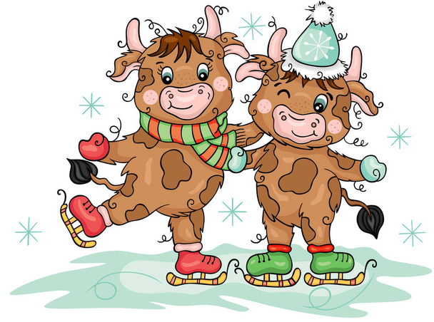 Two cute funny cows ice skating - Vettoriali, immagini