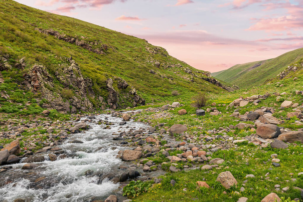 Idyllisch Armeens landschap met bergen en een beek. Op de helling van de berg Aragats. - Foto, afbeelding