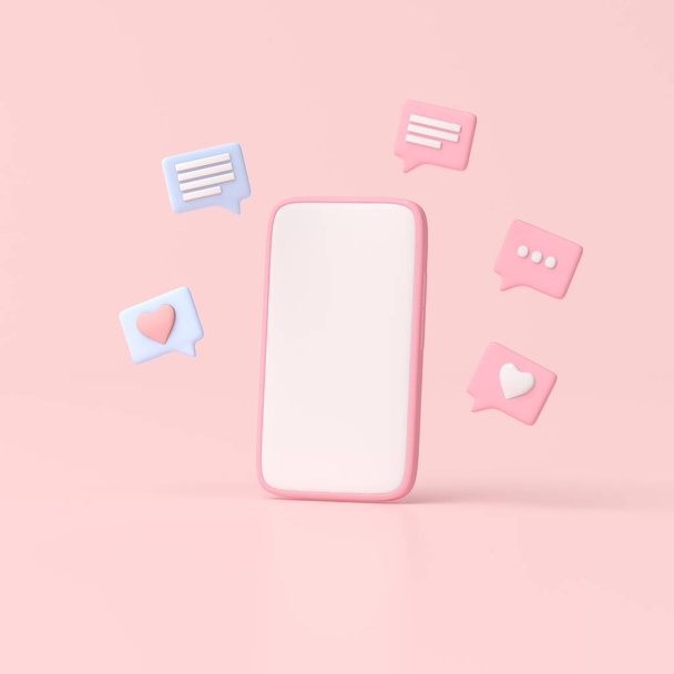 Ilustración de teléfono inteligente con burbujas de conversación, Mensaje de amor sobre fondo pastel, chat en redes sociales, representación 3D. - Foto, imagen