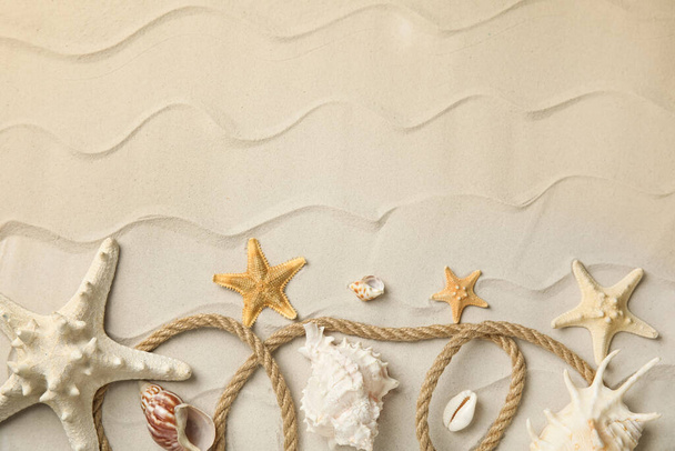 Beautiful sea stars, shells and rope on sand, flat lay. Space for text - Photo, image