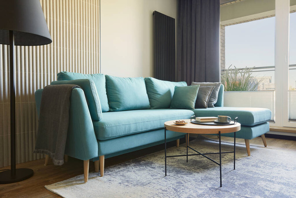 Creative composition of modern living room interior in small apartment. Eucalyptus sofa, pillows and plaid, modern designed lamp, small wooden coffee table and personal accessories. Big windows with big city view on. Carpet on the floor, creative wal - Fotoğraf, Görsel