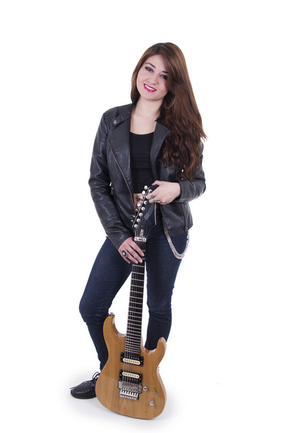 Beautiful sexy young musician girl holding electric guitar - Photo, Image