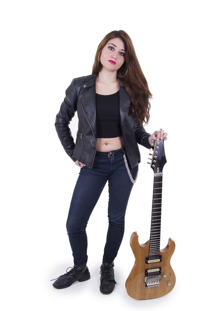 Beautiful sexy young musician girl holding electric guitar - Фото, изображение