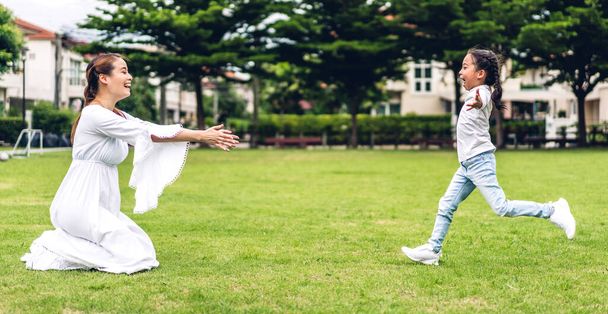 Portrait de profiter heureux amour asiatique famille mère avec petite fille asiatique souriant courir pour étreindre jouer et avoir des moments amusants bon temps dans le parc d'été à la maison - Photo, image