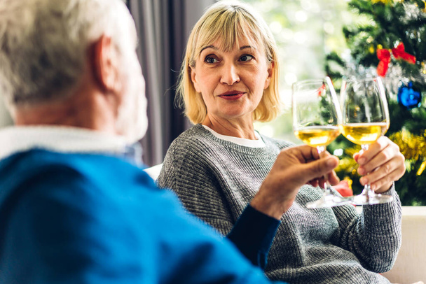 Senior happy love elder couple relaxing and talking together drinking wine glasses celebrating at dinner party lying on sofa in living room at home.Retirement healthcare couple concept - Photo, image