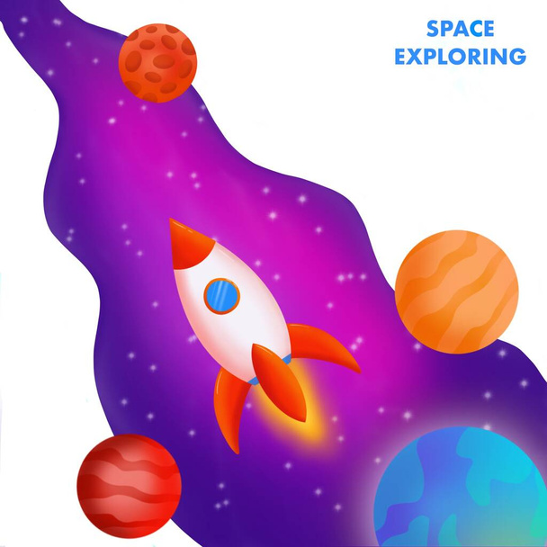 Die Rakete fliegt im All. Weltraumforschung. Abstrakte Vorlage für Banner, Web, Poster. Wissenschaftliche Illustration - Foto, Bild