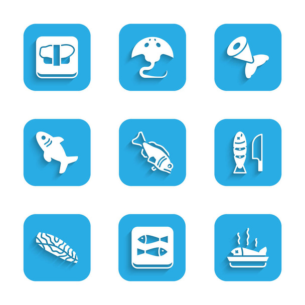 Set Fish, Canned fish, Served on plate, with sliced pieces, steak, Shark, tail and Sushi cutting board icon. Vector - Wektor, obraz