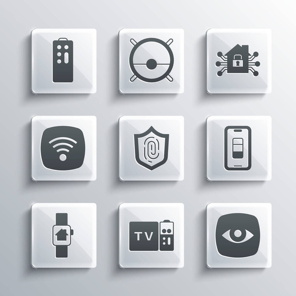Set Multimedia και TV box receiver, κάμερα ασφαλείας, μπαταρία Smartphone, δακτυλικό αποτύπωμα, σπίτι με έξυπνο ρολόι, Wi-Fi ασύρματο δίκτυο internet, τηλεχειριστήριο και εικονίδιο. Διάνυσμα - Διάνυσμα, εικόνα