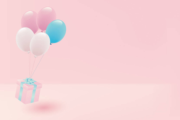 Ballons de couleur pastel et boîte cadeau - Vecteur, image