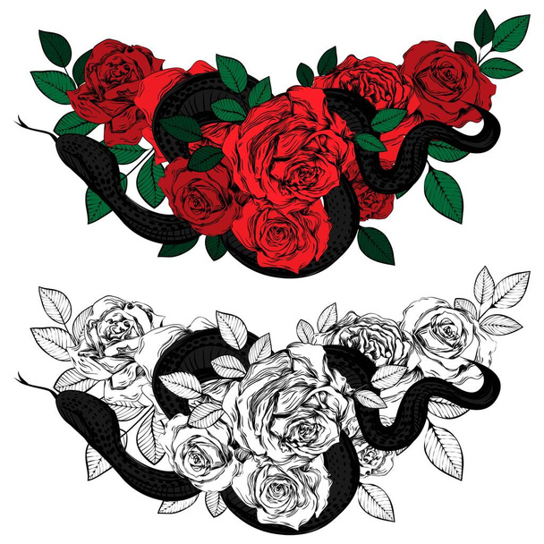 Rosas y serpientes vintage. Conjunto de tatuajes góticos. Colección de ilustraciones vectoriales gráficas y a color aisladas. - Vector, Imagen