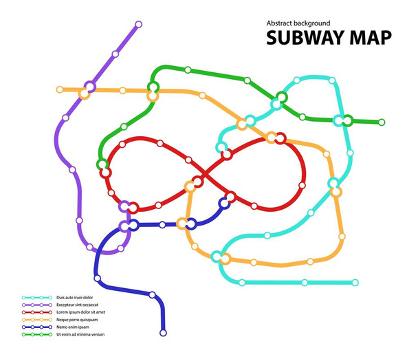 U-Bahn-Karte. Vorlage für ein fiktives Stadtverkehrskonzept für eine unterirdische Übergangsstraße. U-Bahn oder Bus abstrakte Verkehrsmuster mit kreisförmigen, unendlichen farbigen Schilderrouten. Vektorkartenillustration - Vektor, Bild