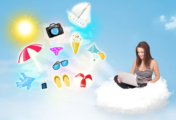Young businessman sitting in cloud with laptop - Foto, immagini