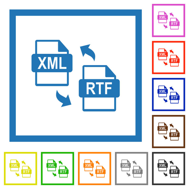XML RTF-bestand conversie platte kleur pictogrammen in vierkante frames op witte achtergrond - Vector, afbeelding