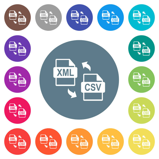 Conversión de archivos XML CSV iconos blancos planos sobre fondos redondos de color. 17 variaciones de color de fondo se incluyen. - Vector, imagen