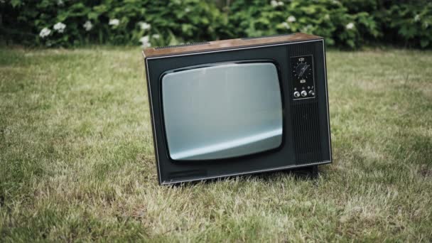 Un viejo televisor retro está parado en la hierba. Hay interferencia en la pantalla del televisor - Imágenes, Vídeo