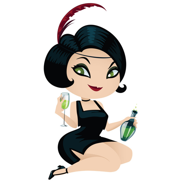 Retro lady with a glass and a bottle - Vector, Image