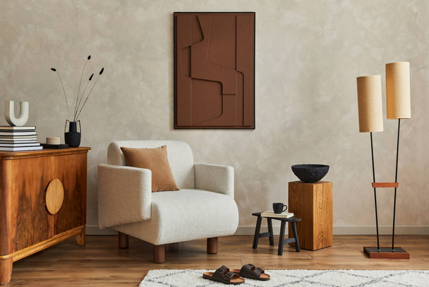 Stylish composition of modern cozy living room interior with structure painting , beige armchair, wooden vintage commode and personal accessories. Creative wall, carpet on the parquet floor. Template. - 写真・画像