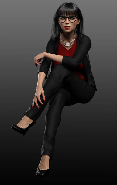 Femme professionnelle en costume noir et talons, Pose assise - Photo, image