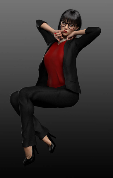 Profesjonalna kobieta w czarnym garniturze i szpilkach, siedząca - Zdjęcie, obraz