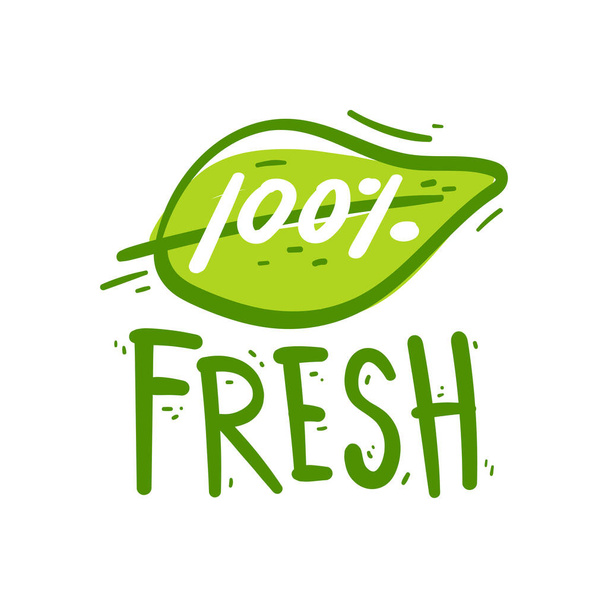 Hand drawing 100% Fresh sign. Fresh product element green label. - Vector, Image
