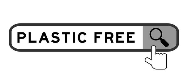 Pesquisa banner na palavra de plástico livre com mão sobre o ícone de lupa no fundo branco - Vetor, Imagem