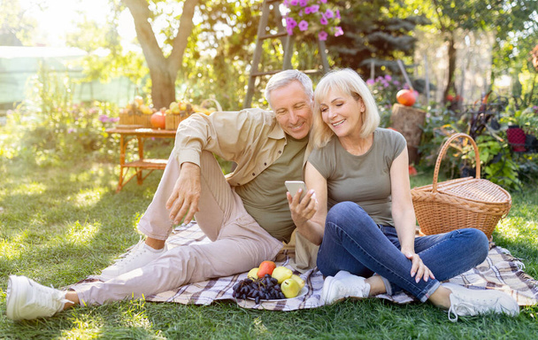 Счастливая пожилая пара отдыхает в саду и с помощью смартфона, сидит на одеяле на траве, отдыхает на открытом воздухе, копирует пространство - Фото, изображение