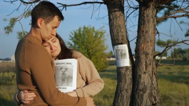 Hombre abraza novia cerca de cartel de perro desaparecido en el parque - Imágenes, Vídeo