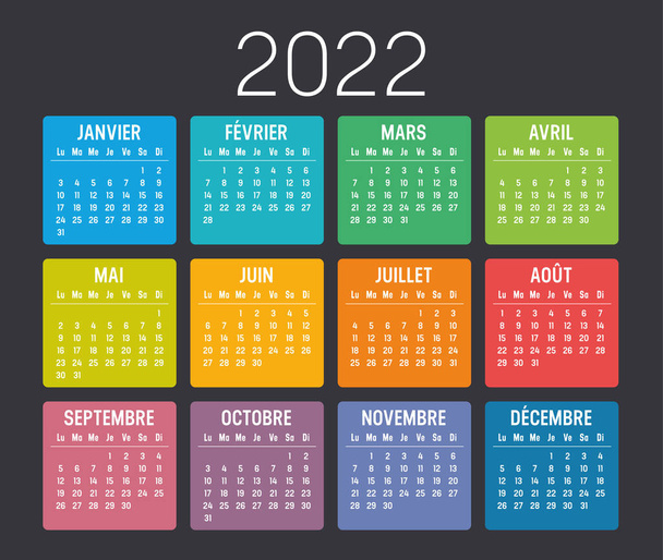 Year 2022 colorful minimalist calendar, in French language, on black background. Vector template. - Vector, Image