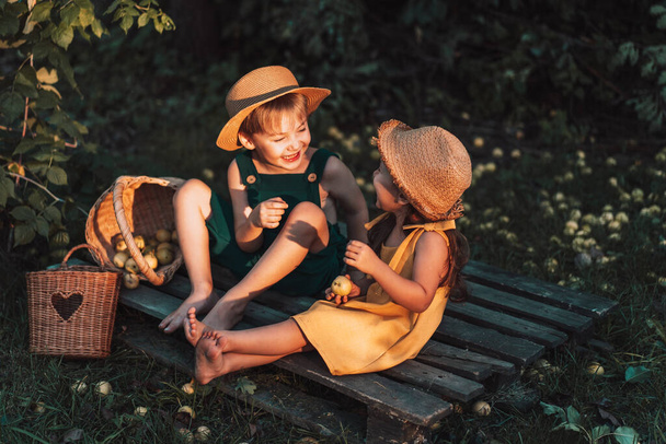 Веселые дети в соломенных шляпах сидят на деревянном поддоне с корзинами. - Фото, изображение