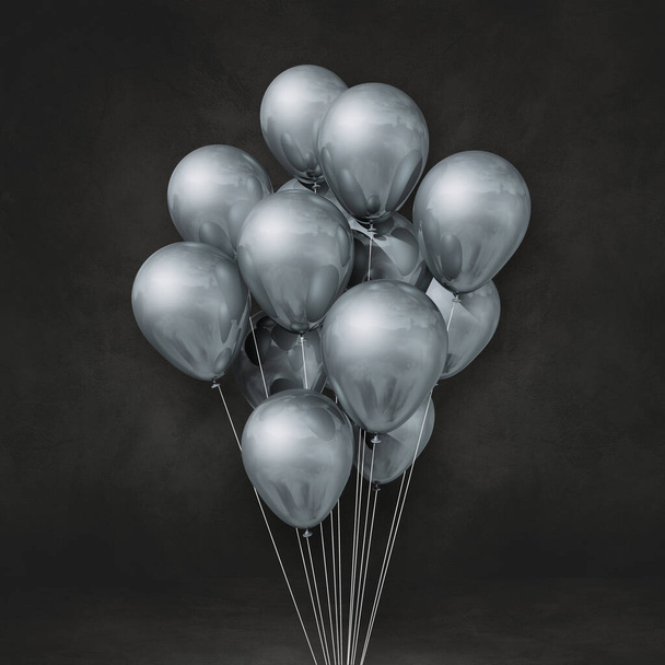 Silver balloons bunch on a black wall background. 3D illustration render - Foto, Imagen