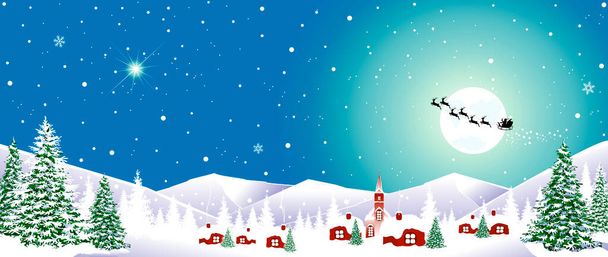 Huizen, dorp, kerk, bos. Winterlandschap. Met sneeuw bedekte bergen. Kerstavond. Sneeuwvlokken aan de nachtelijke hemel. Kerstman op een slee met rendieren tegen de achtergrond van de maan. De kerstster schijnt.. - Vector, afbeelding