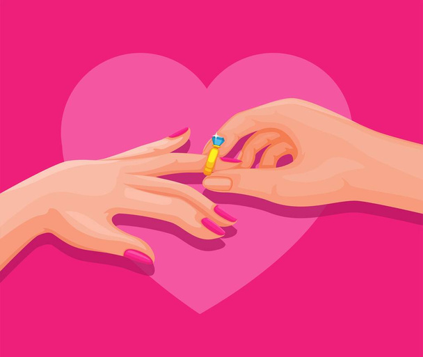 Par de mano poner anillo de bodas en bethrothal o boda ceremonia ilustración vector - Vector, Imagen