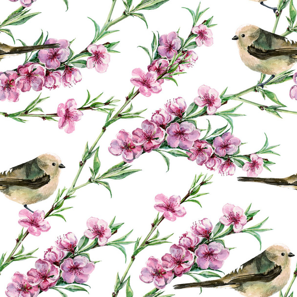 枝春の花桃とシームレスなパターン水彩鳥。白い背景に鳥と枝の木。装飾とデザインのための美しいパターン.  - 写真・画像