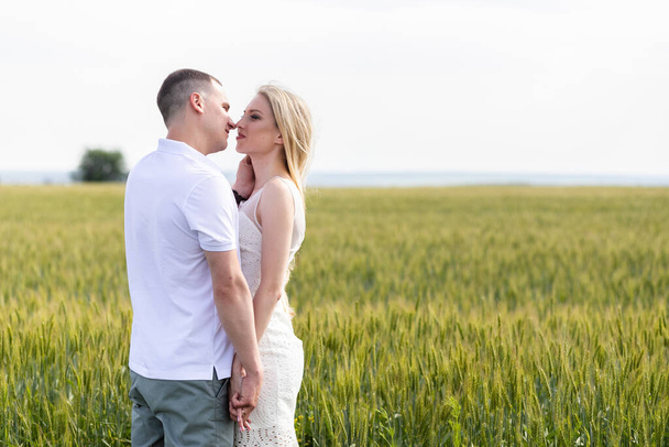 young couple kissing in the field. Asian woman hugs Caucasian man in the middle of wheat field and kisses each other. concept about passion and love - 写真・画像