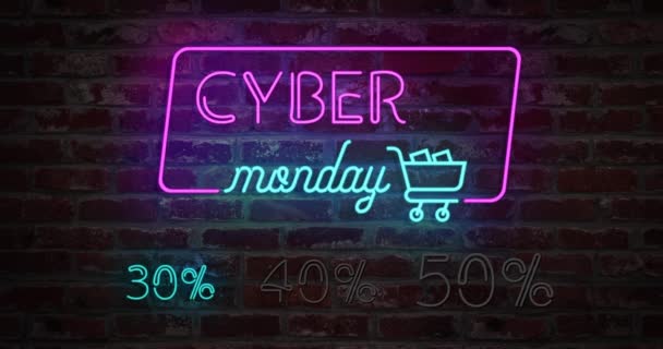 Cyber Monday animation neon light tábla és stilizált bevásárlókocsi a téglafalon. Eladó banner villog neon jel stílus promo videó. Az értékesítés és a vámkezelés fogalma 30% 40% -kal és 50% -kal  - Felvétel, videó