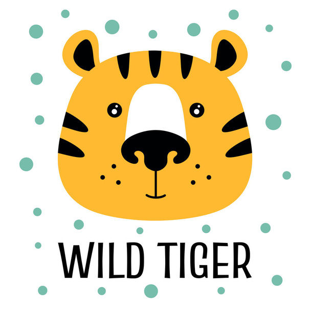 card with cute tiger and lettering, cartoon animal character vector illustration isolated on background, print for kids apparel, nursery decoration - Vector, afbeelding