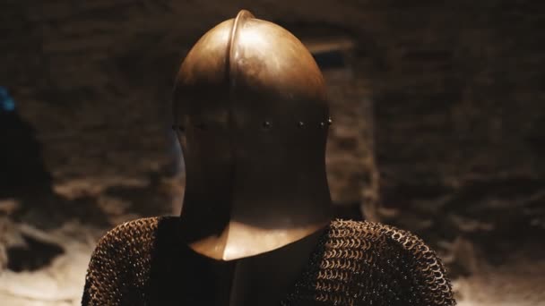 Medieval chain mail with a helmet in the museum. - Footage, Video