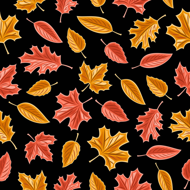 Векторные листья Бесшовный узор, квадратный повторяющийся фон для сезонного осеннего интерьера, плакат с набором вырезанных иллюстраций разнообразных осенних опадающих листьев со стеблем на темном фоне. - Вектор,изображение